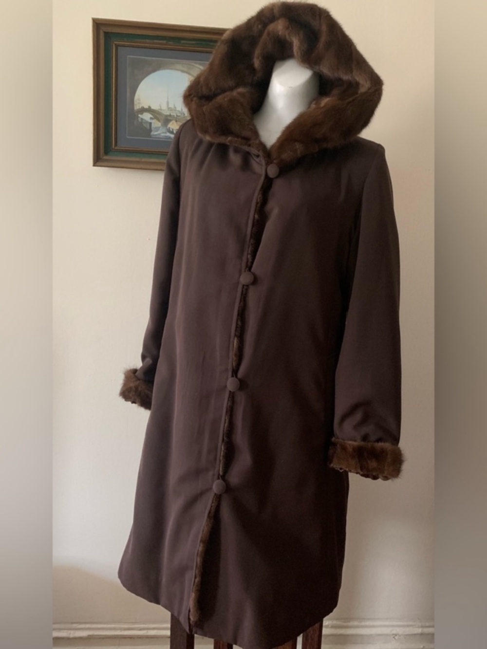 Vintage Custom Made Mink-Lined Hooded Coat with flaws